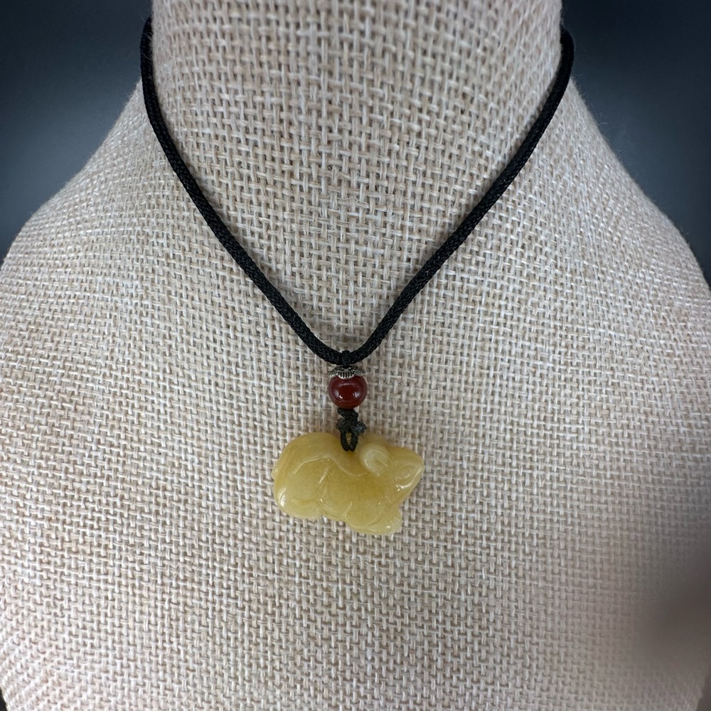Yellow Jade Rat Carving Pendant Necklace on Black Adjustable Rope - Picture 10 of 16